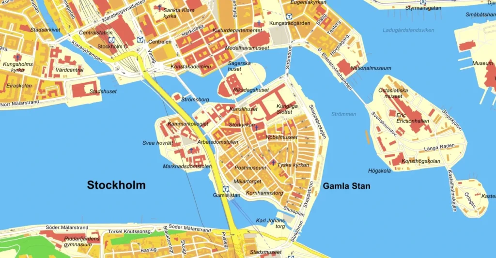 En detaljerad karta över centrala Stockholm med gator, byggnader och landmärken – relevant för kartprovet i taxiförarlegitimation.
