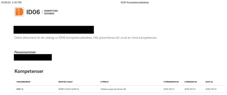 ADR intyg – hur ADR 1.3 intyg och ID06 fungerar